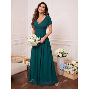 Women's SHEIN Teal V-Neck Pleated Chiffon Maxi Dress